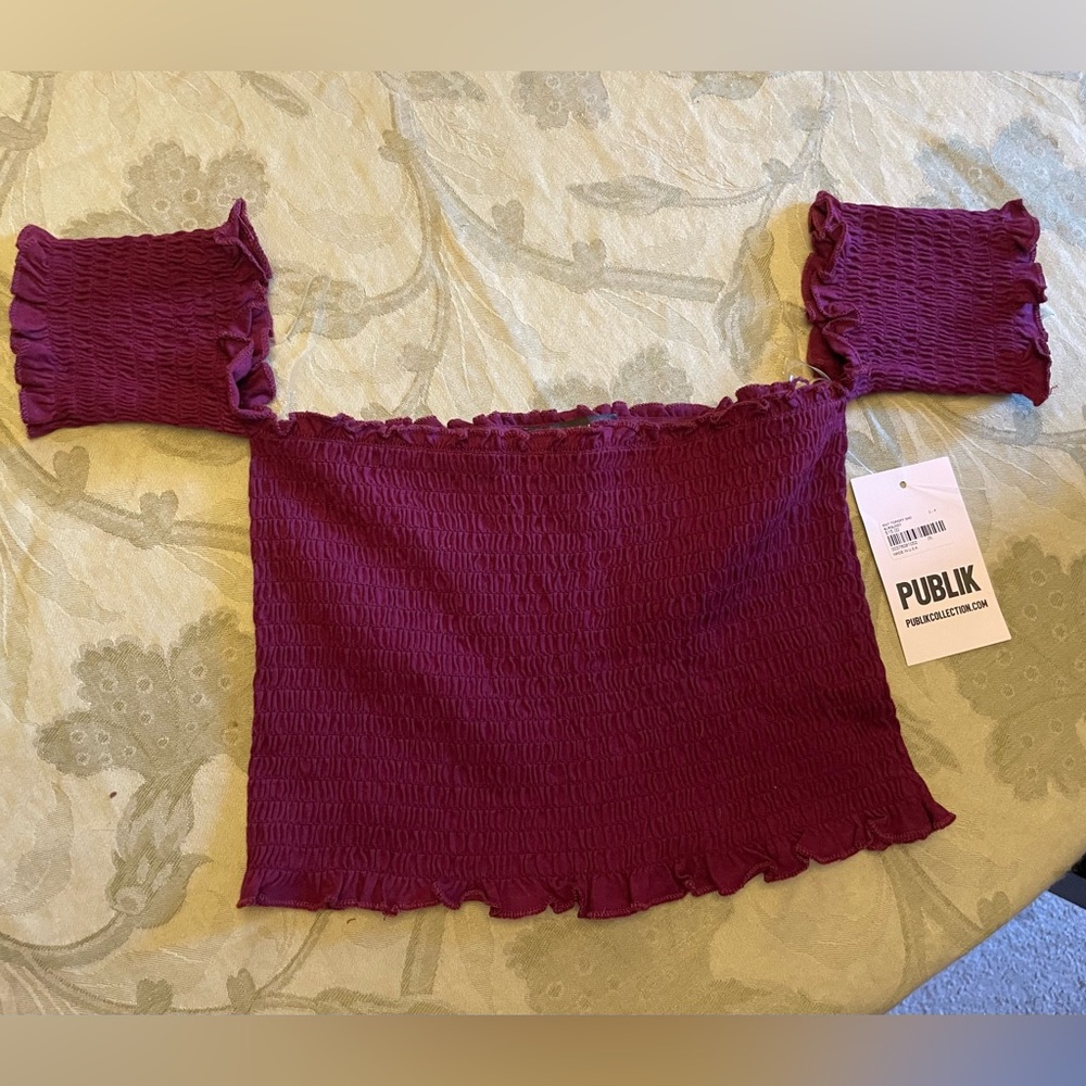 New Publik Collection Knit Cinch Ruched Off Shoulder Top US Made Burgundy SM
